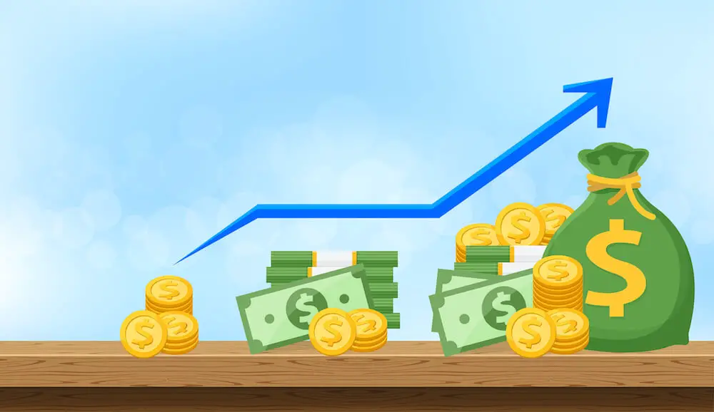 Illustration of bags and piles of money growing in size from left to right with a rising trend line arrow above them depicting growing savings/wealth for retirement