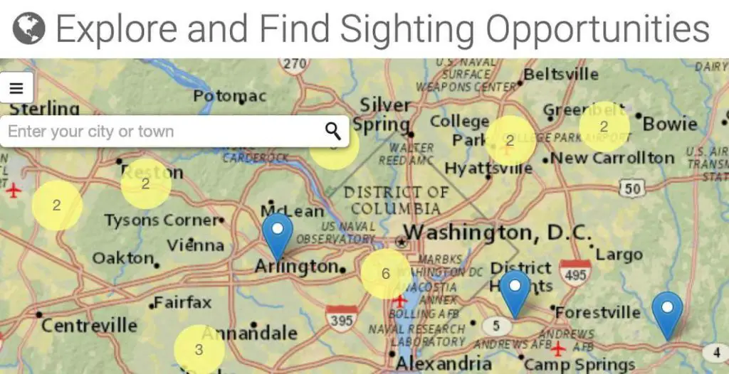 Screenshot of NASA's Spot the Station website map showing geographic points for sighting opportunities of the International Space Station in the Washington, DC area