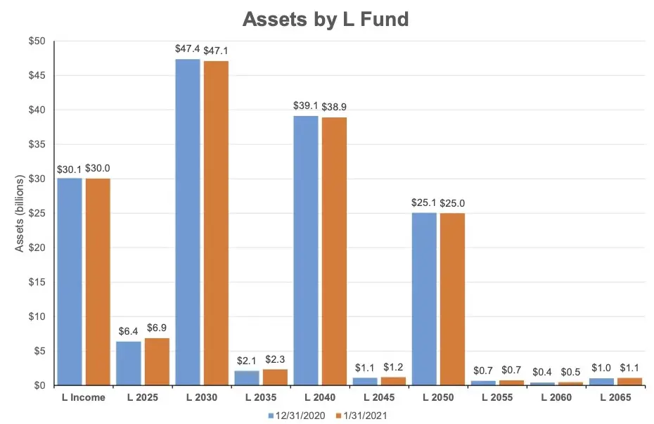 Bar graph showing the amounts of money in each of the L funds in December 2020 and January 2021
