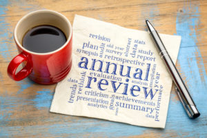 words 'annual review' printed on a napkin next to a coffee cup and a pen