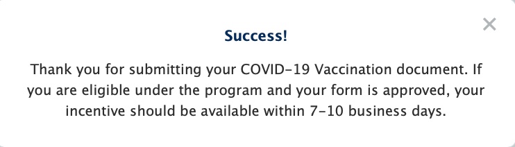 Success message displayed on the BCBS website when you successfully apply for the COVID vaccination reward