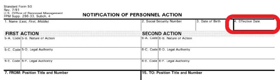 Portion of the OPM SF-50 form with the effective date field highlighted in red