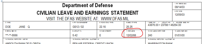Sample Department of Defense civilian leave and earnings statement (LES) with the service computation date (SCD) highlighted