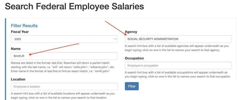 Federal employee salary search filter example with the name "Smith,R" and agency "Social Security Administration"