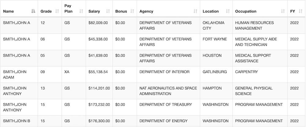 Sample results of searching for federal employee salaries by name