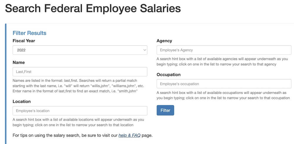 Filters for finding a federal salary