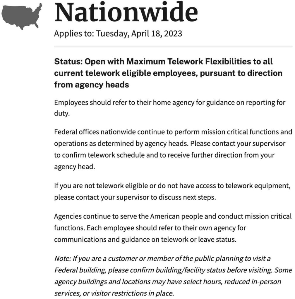 Screenshot of the COVID-19 governmentwide operating status directing maximum use of telework flexibilities on the Office of Personnel Management website on April 18, 2023