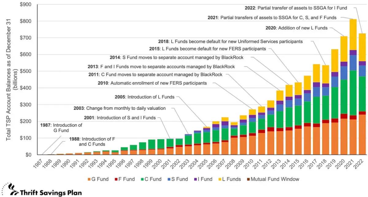 Bar graph and timeline of the investment history in the Thrift Savings Plan (TSP) which highlights the massive growth of the program over time