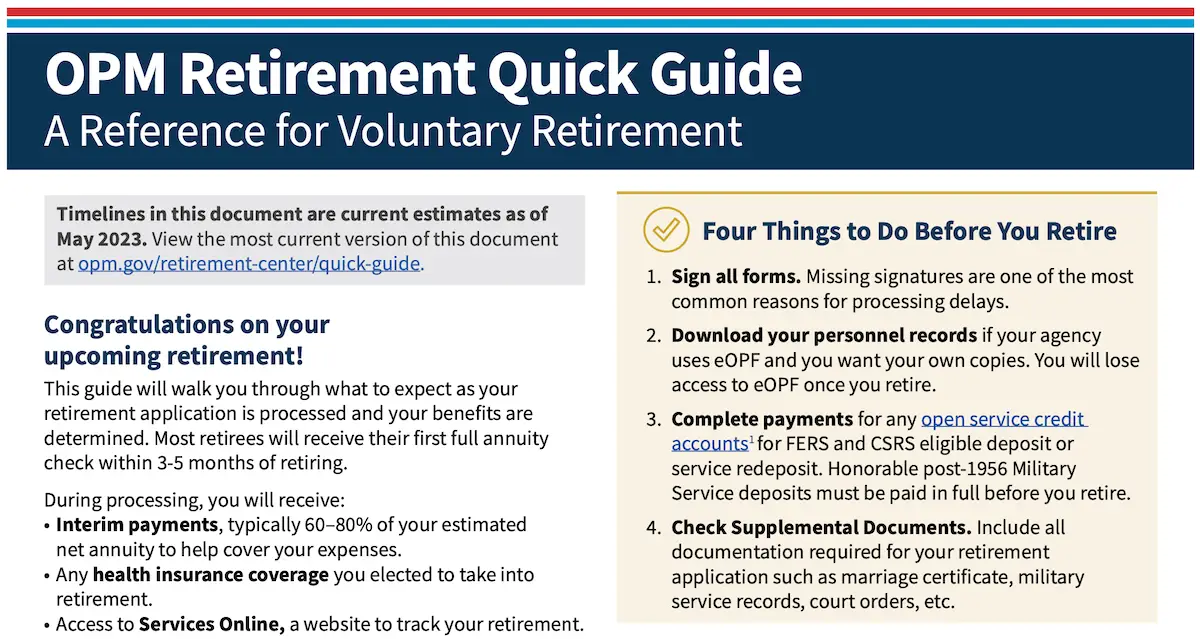 Top portion of the OPM Retirement Quick Guide, a three-page guide to voluntary retirement that walks federal employees through what to expect as a retirement application is processed and benefits are determined
