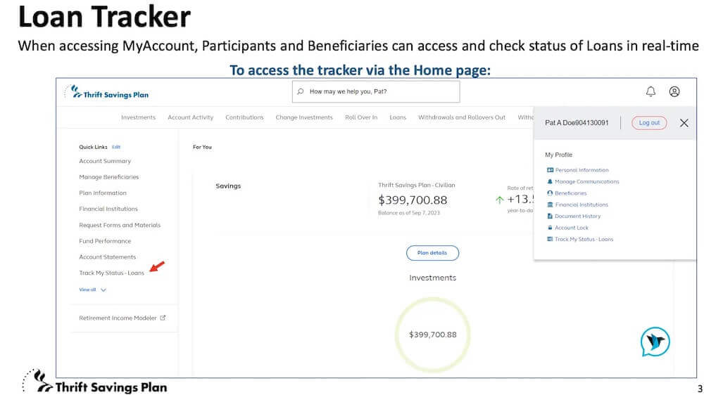 Screenshot showing how to access the loan tracker from the my account section of the TSP website