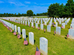 Veterans' grave markers at the Department of Veterans Affairs Jacksonville National Cemetary in Jacksonville, FL