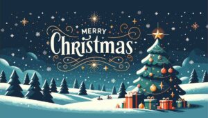 Words 'Merry Christmas' overlaying an illustration of a winter scene of snow and trees, one of which is a Christmas tree in the foreground with lights and gifts around it
