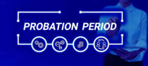 words 'probation period' against a blue background with the silhouette of a businessman in the background