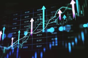 Up arrows overlaid on a stock market chart on a black background