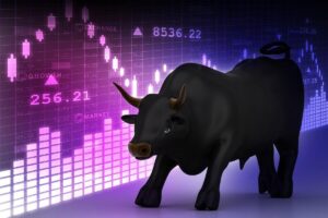 Bull pictured in front of purple shading over a stock market graph