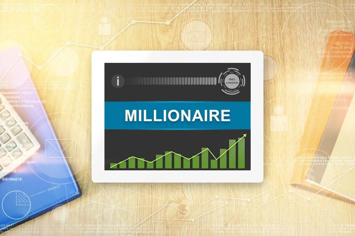 Word 'millionaire' displayed in the center of a tablet on a desk next to a calculator and file folders