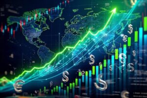 World map overlaid by rising investment performance lines and bar charts and foreign currency symbols