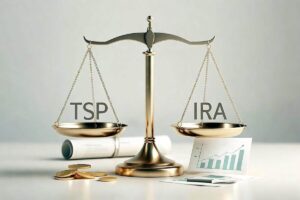 balance scales on a flat surface with 'TSP' on one side and 'IRA' on another; coins and financial chart are pictured next to the scales