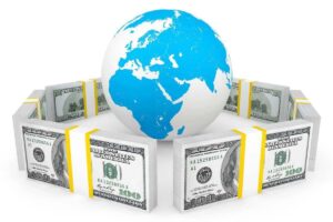 Globe surrounded by a ring of stacked $100 bills