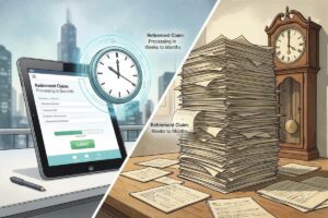 Illustration juxtaposing fast digital retirement processing on the left side with slow paper processing on the right side