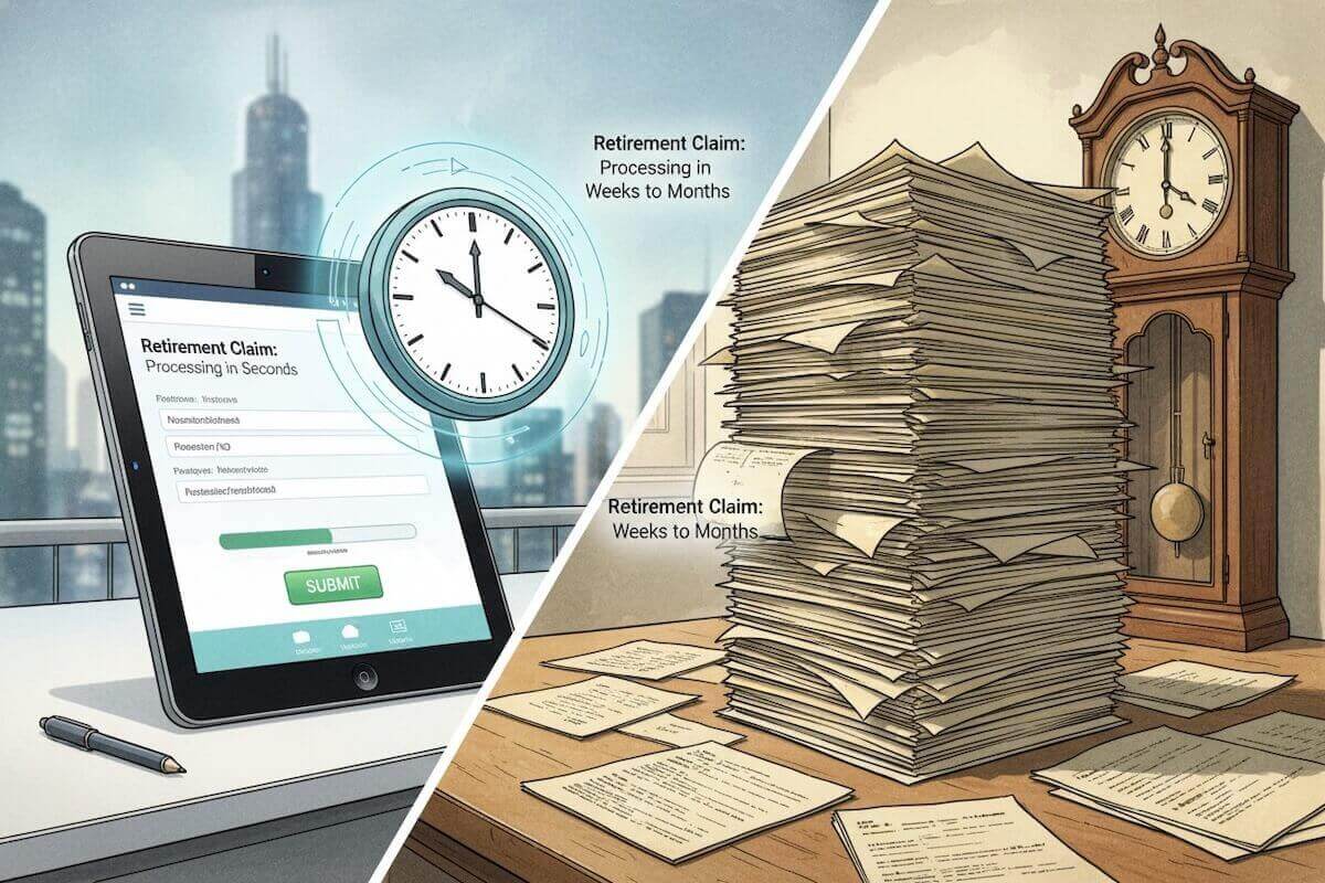 Illustration juxtaposing fast digital retirement processing on the left side with slow paper processing on the right side